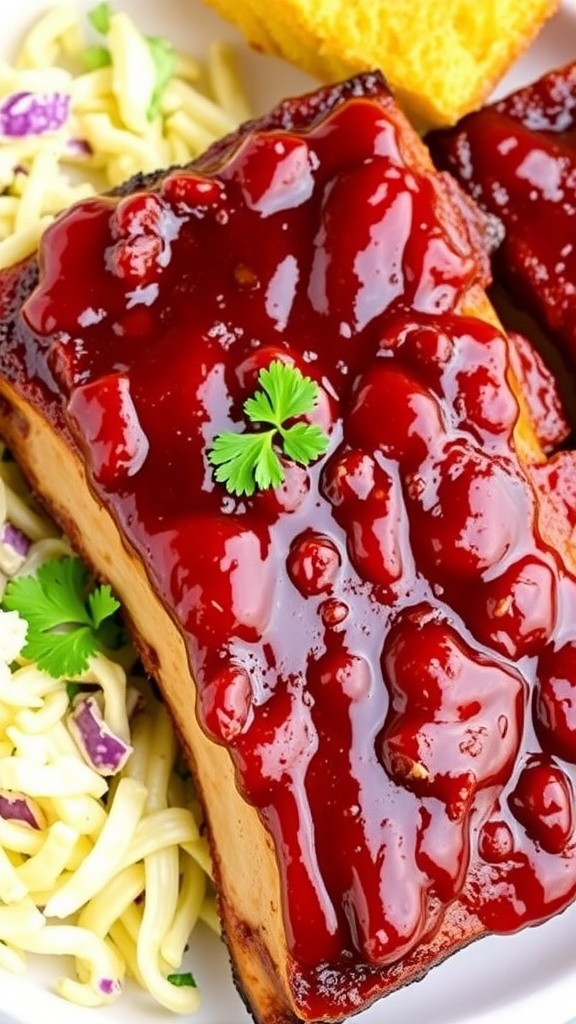 Oven-baked ribs glazed with barbecue sauce, served with coleslaw and cornbread.